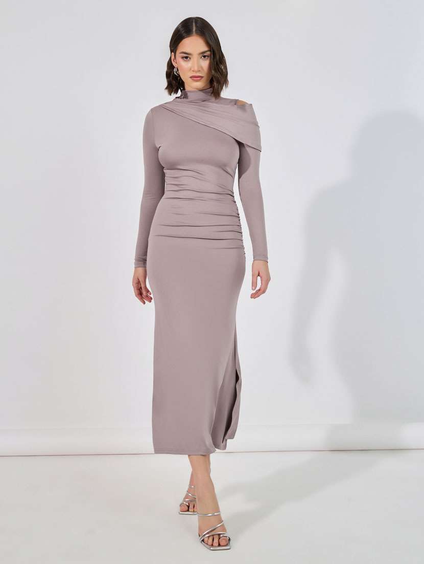 women solid mock neck bodycon maxi dress