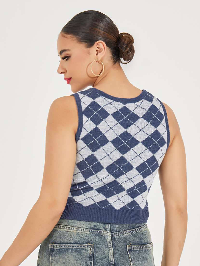 women blue checkered sleeveless pullover - 21510708 -  Standard Image - 1