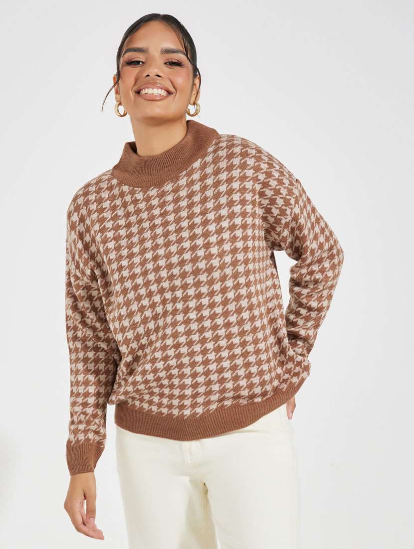women houndstooth print long sleeve pullover