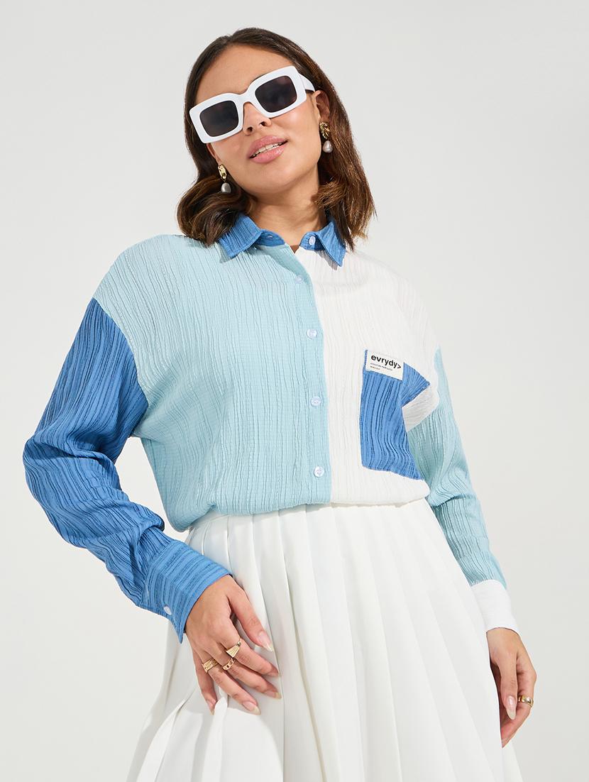 women collared color block oversized shirt - 21510743 - Standard Image - 1