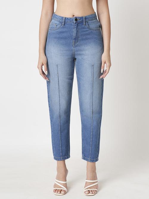 women's med blue light fade whiskers effect high-rise boyfriend fit pintuck jeans - 21511000 -  Standard Image - 0