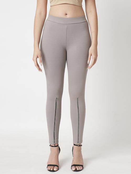 women's grey solid stretchable zipper detail skinny fit workwear treggings - 21511014 -  Standard Image - 0