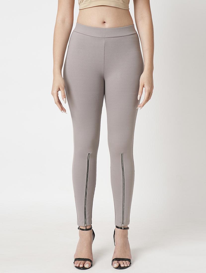 women's grey solid stretchable zipper detail skinny fit workwear treggings - 21511014 -  Zoom Image - 0
