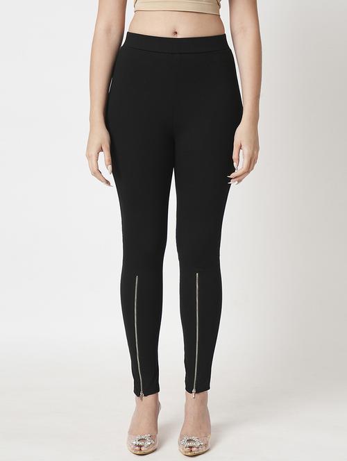 women's black solid stretchable zipper detail skinny fit workwear treggings - 21511015 - Standard Image - 0