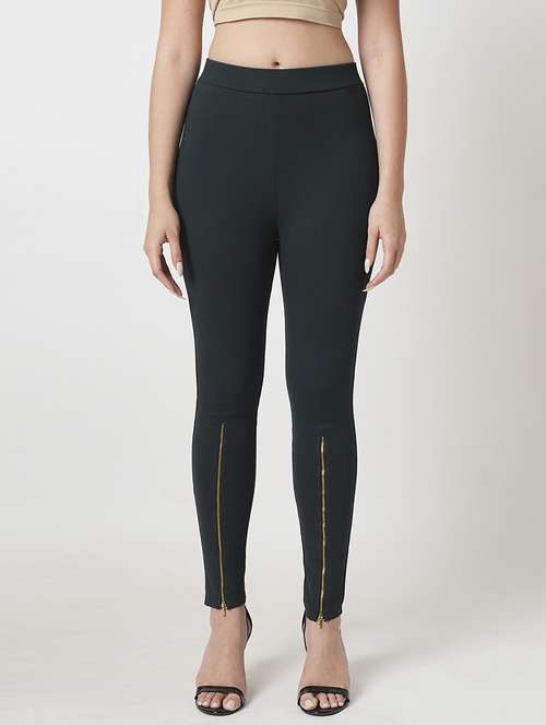 Women's Dark Olive Solid Stretchable Zipper Detail Skinny Fit Workwear Treggings