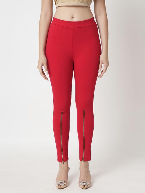 women's red solid stretchable zipper detail skinny fit workwear treggings - 21511017 - Standard Image - 0