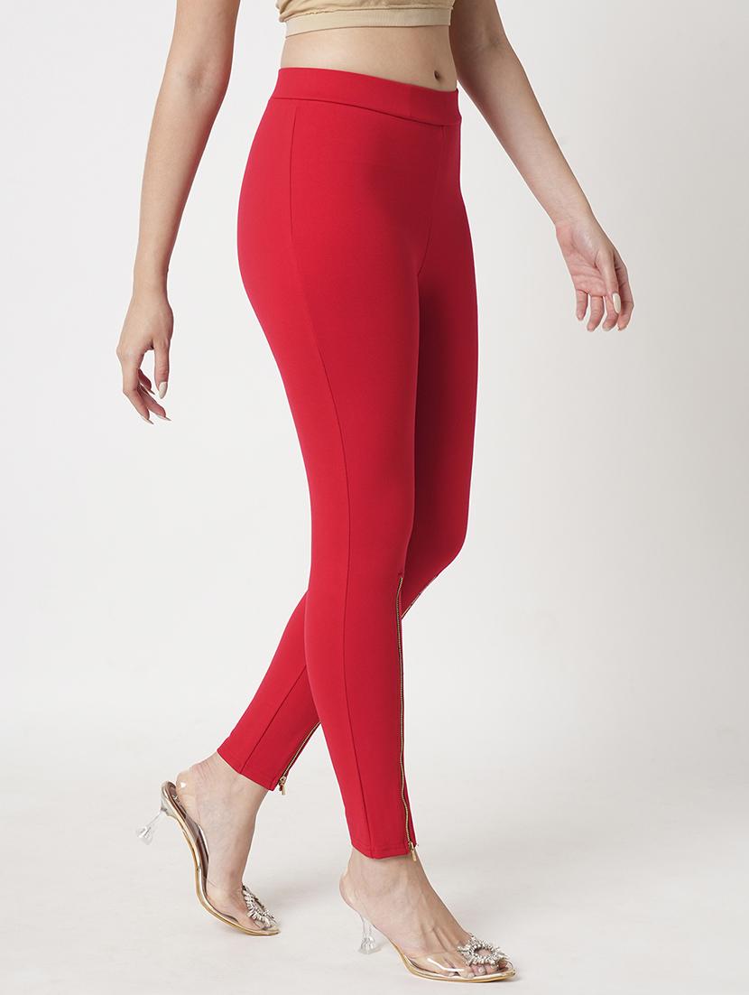 women's red solid stretchable zipper detail skinny fit workwear treggings - 21511017 - Standard Image - 1