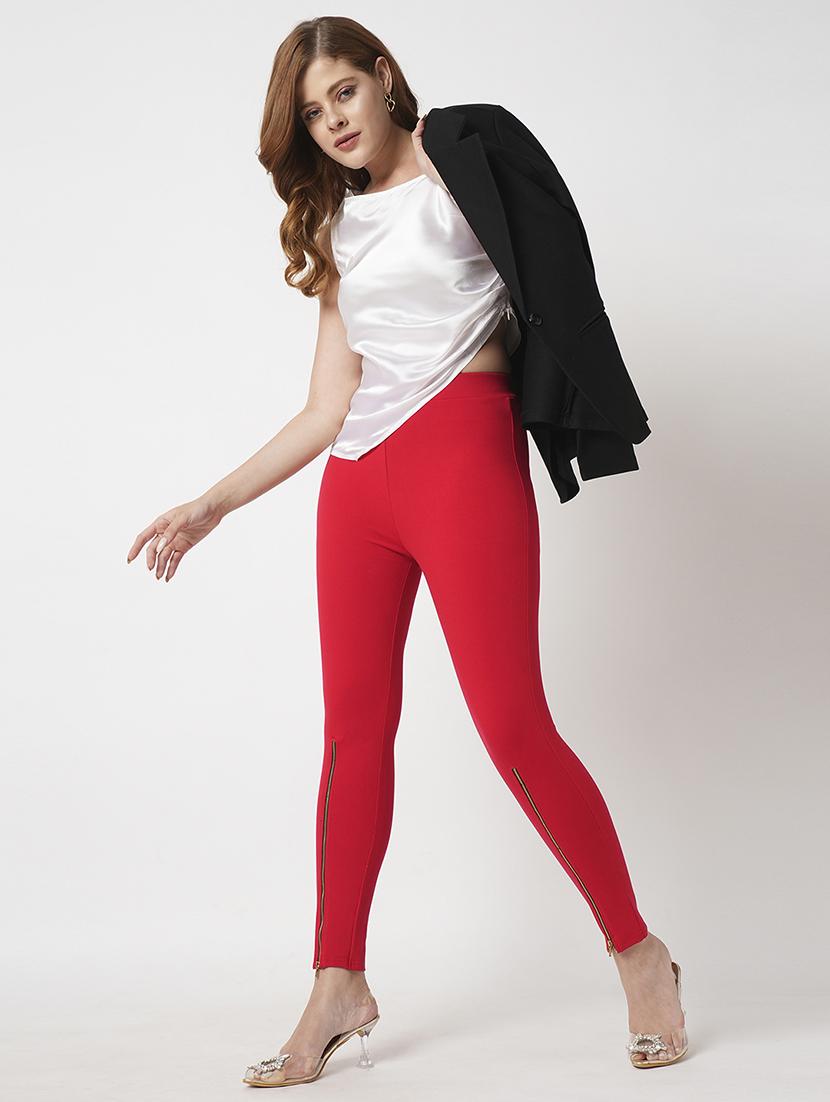 women's red solid stretchable zipper detail skinny fit workwear treggings - 21511017 - Standard Image - 4