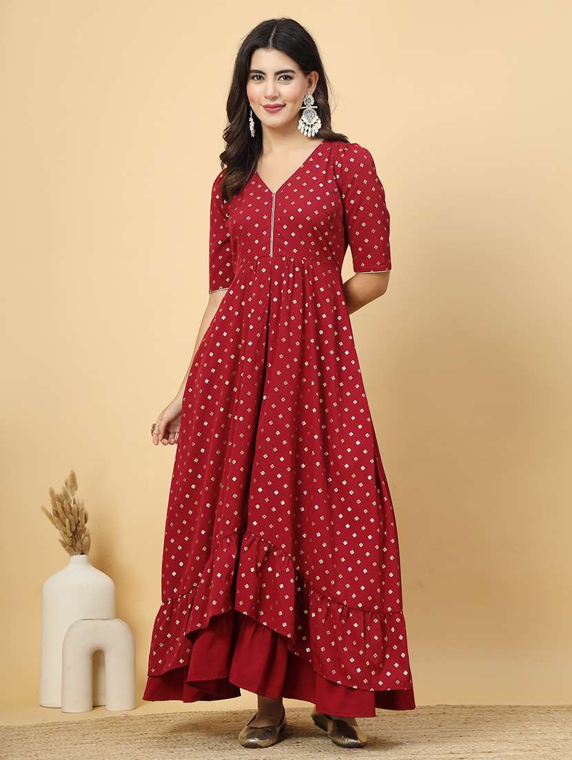 women maroon crepe high-low ethnic dress