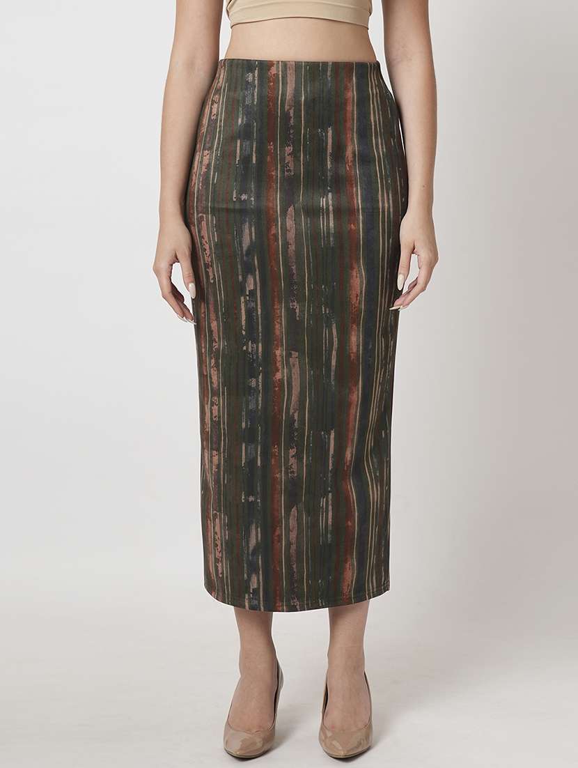 globus women dark olive high rise stretchable hazzy print back slit workwear midi pencil skirt
