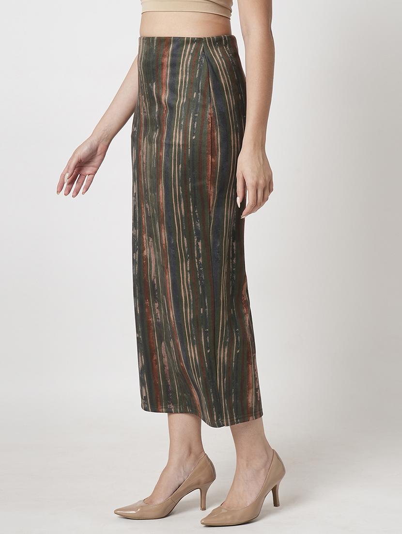globus women dark olive high rise stretchable hazzy print back slit workwear midi pencil skirt - 21511023 -  Standard Image - 1