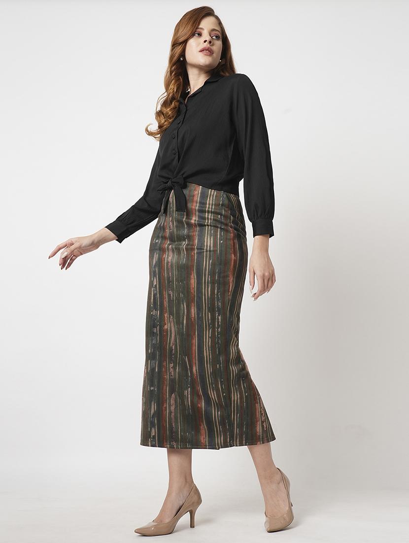 globus women dark olive high rise stretchable hazzy print back slit workwear midi pencil skirt - 21511023 - Standard Image - 4