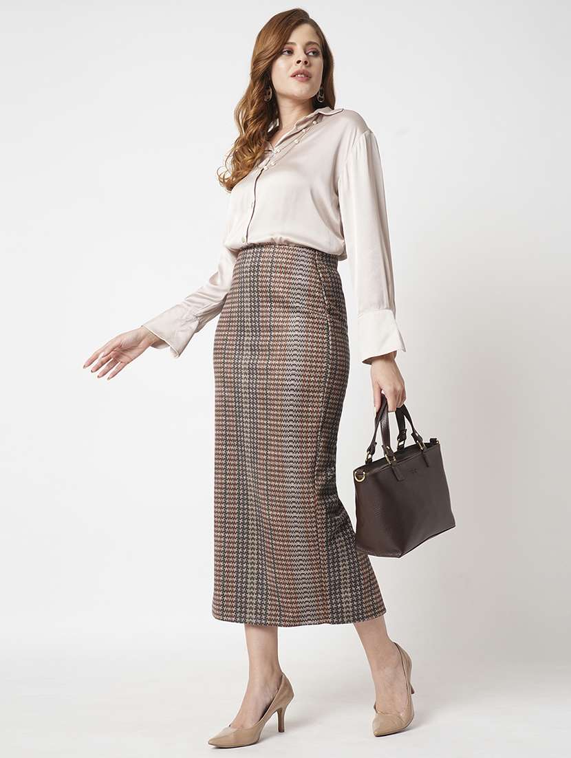 women's multi high rise stretchable hazzy print back slit workwear midi pencil skirt - 21511024 -  Standard Image - 4