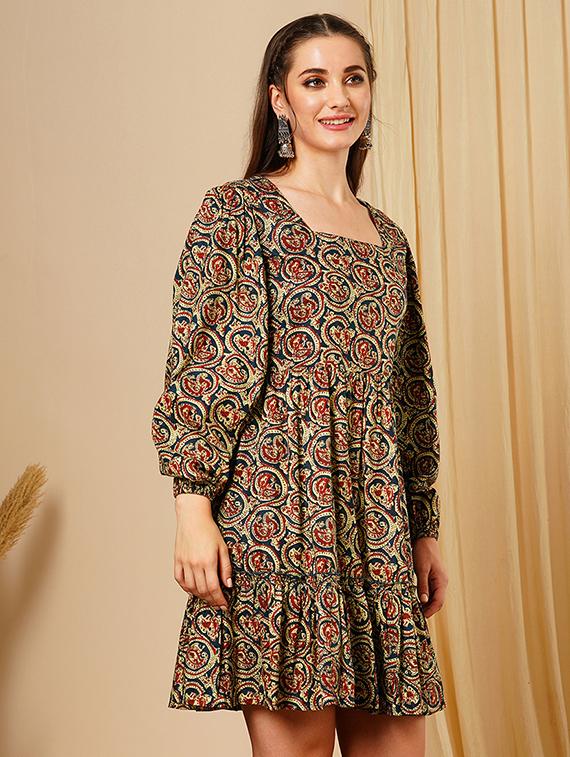 women's blue square neck ethnic motifs bishop sleeves fit & flare a-line fusion dress - 21511028 - Standard Image - 1