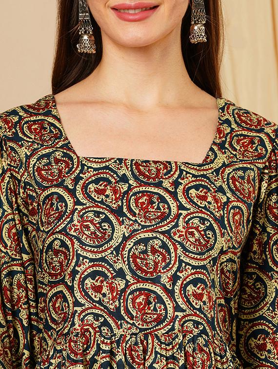 women's blue square neck ethnic motifs bishop sleeves fit & flare a-line fusion dress - 21511028 - Standard Image - 4