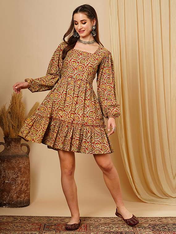 women's maroon square neck ethnic motifs bishop sleeves fit & flare a-line fusion dress