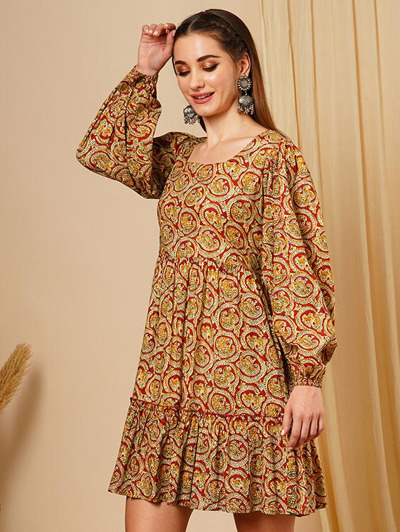 women's maroon square neck ethnic motifs bishop sleeves fit & flare a-line fusion dress - 21511029 - Standard Image - 1
