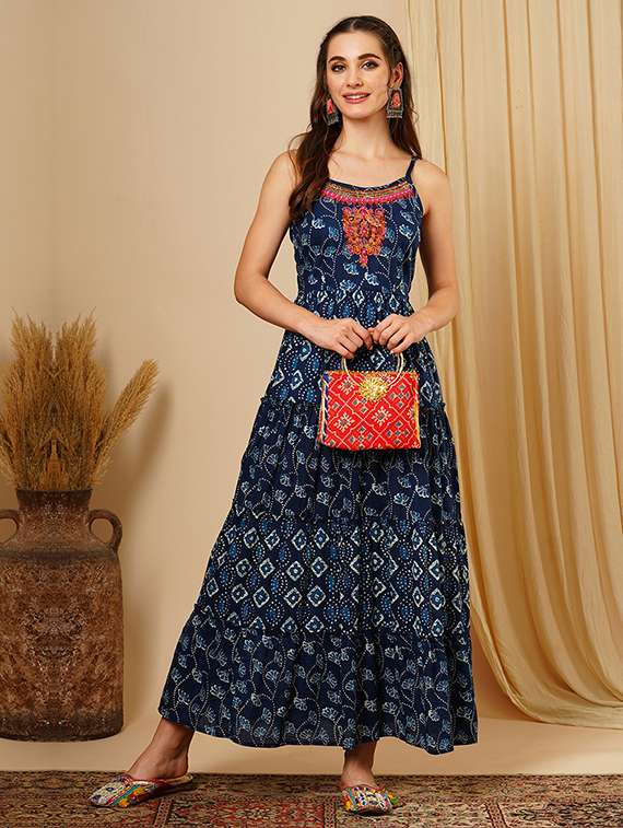 women's blue embroidered yoke adjustable strappy sleeves ethnic motifs a-line maxi fusion wear