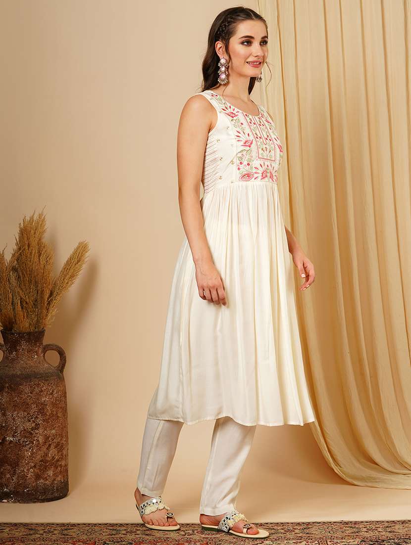 women's white round neck floral embroidered yoke pleated a-line calf length kurta & trouser festive set - 21511031 -  Standard Image - 1