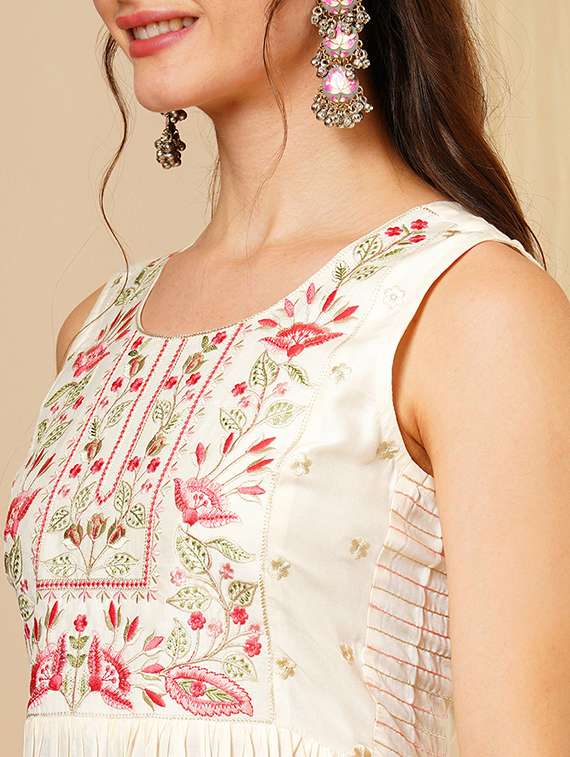 women's white round neck floral embroidered yoke pleated a-line calf length kurta & trouser festive set - 21511031 -  Standard Image - 4