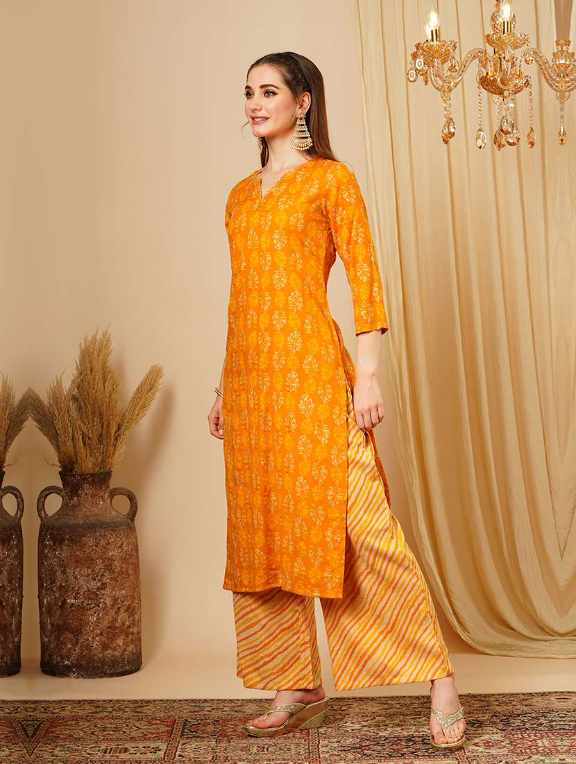 women's mustard allover floral print straight calf length kurta with leheriya print palazzos & printed dupatta workwear set - 21511034 - Standard Image - 1