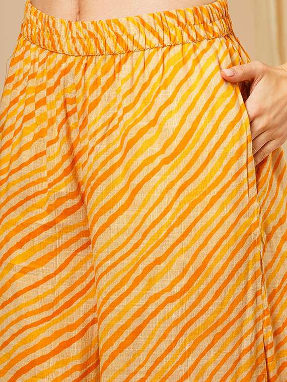 women's mustard allover floral print straight calf length kurta with leheriya print palazzos & printed dupatta workwear set - 21511034 - Standard Image - 4
