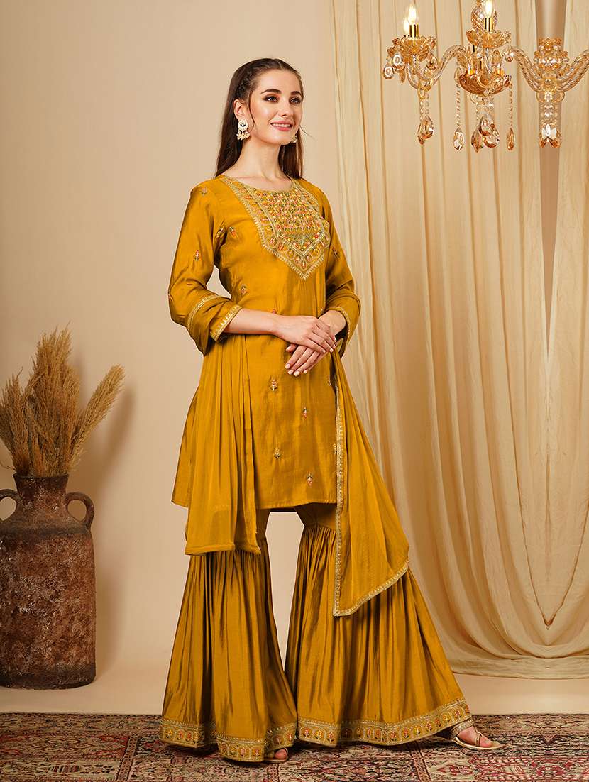 globus women mustard round neck sequinned embroidered yoke straight kurta with gharara & lace dupatta festive set - 21511037 -  Standard Image - 1