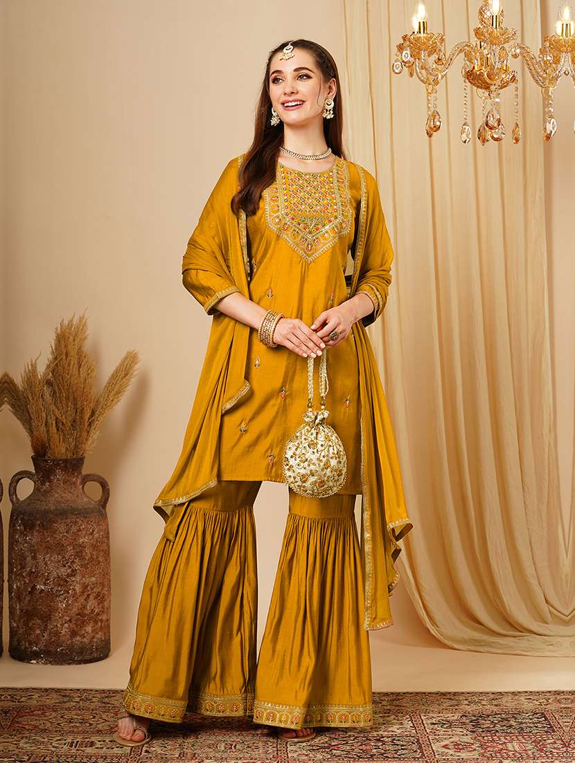 globus women mustard round neck sequinned embroidered yoke straight kurta with gharara & lace dupatta festive set - 21511037 -  Standard Image - 4