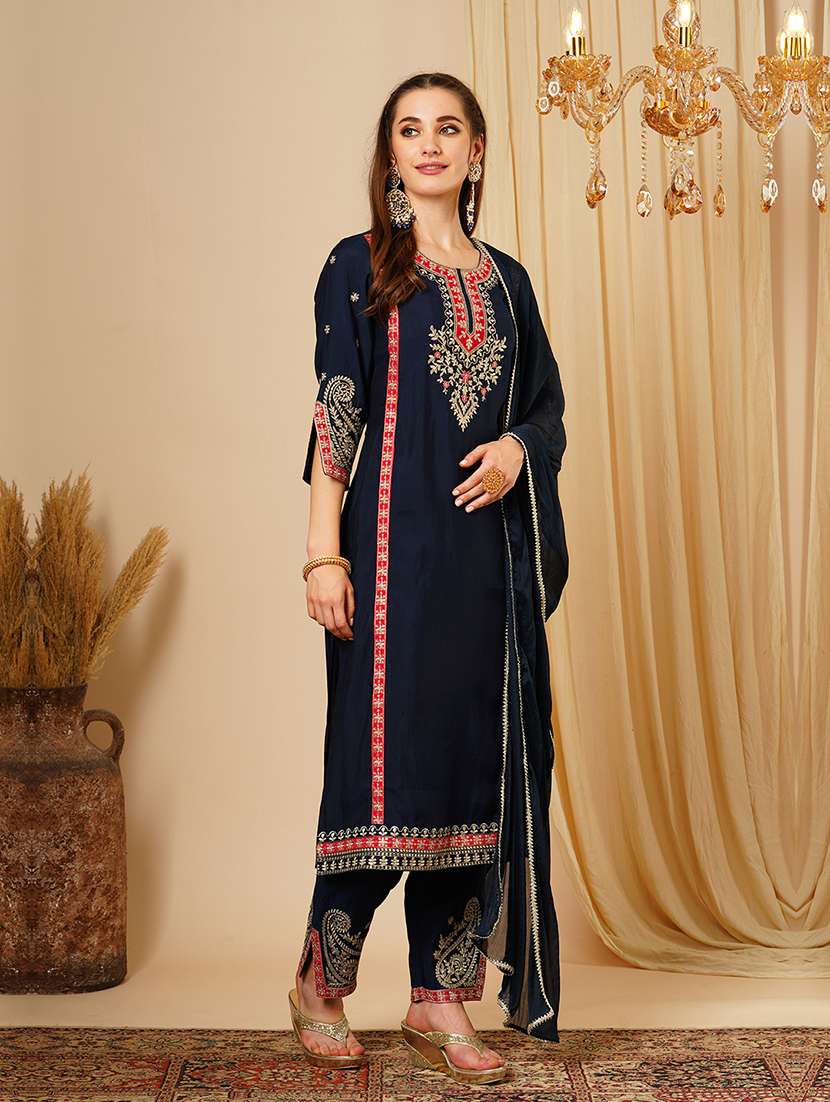 women's navy blue embroidered & gotta lace yoke straight paisley print hem kurta trousers & dupatta festive set