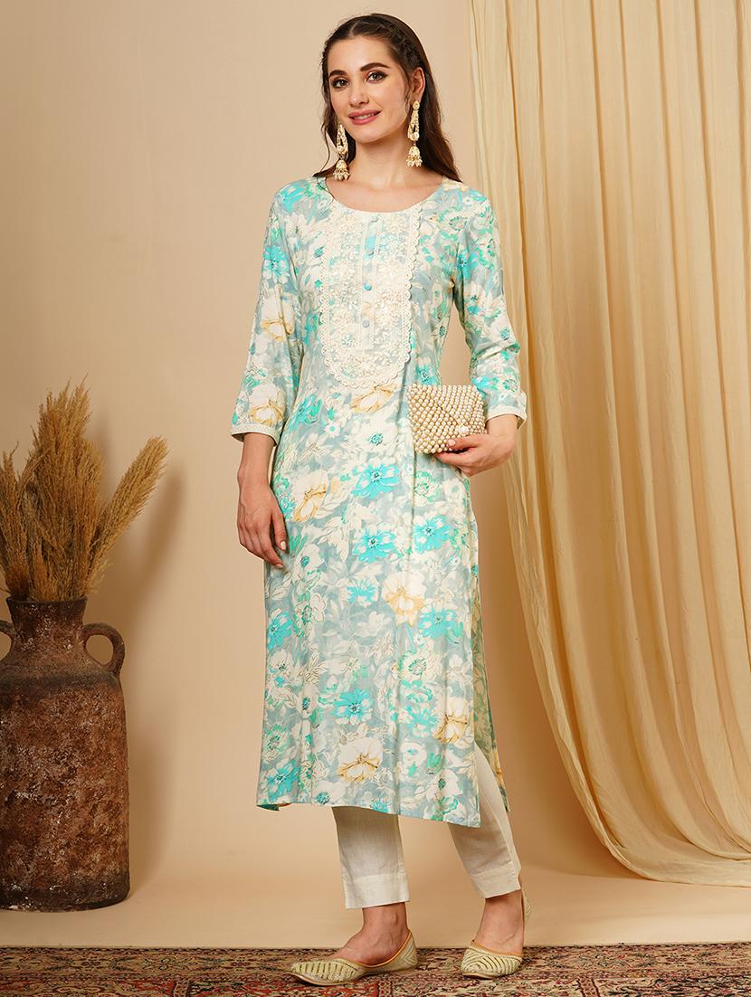 women's green lace & sequin yoke gold foil floral print a-line workwear kurta - 21511046 -  Zoom Image - 0