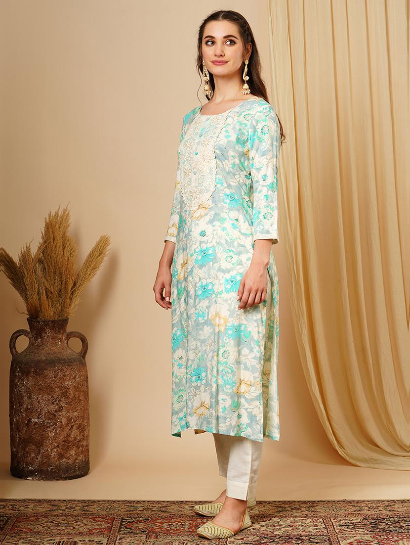 women's green lace & sequin yoke gold foil floral print a-line workwear kurta - 21511046 - Standard Image - 1