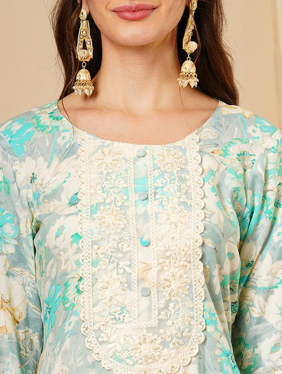 women's green lace & sequin yoke gold foil floral print a-line workwear kurta - 21511046 - Standard Image - 4