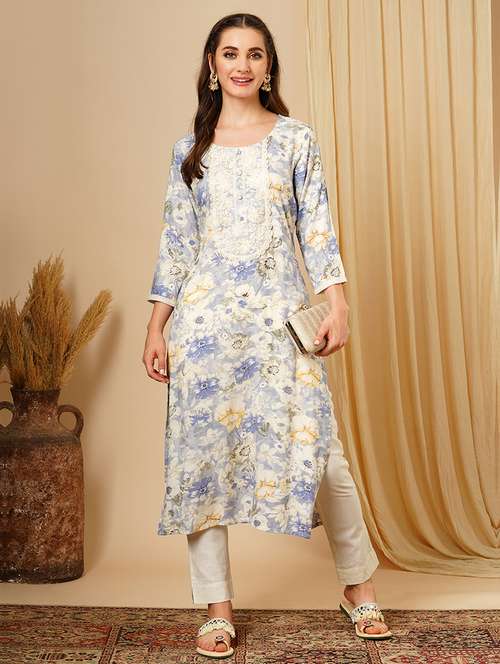 women's blue lace & sequin yoke gold foil floral print a-line workwear kurta - 21511047 - Standard Image - 0