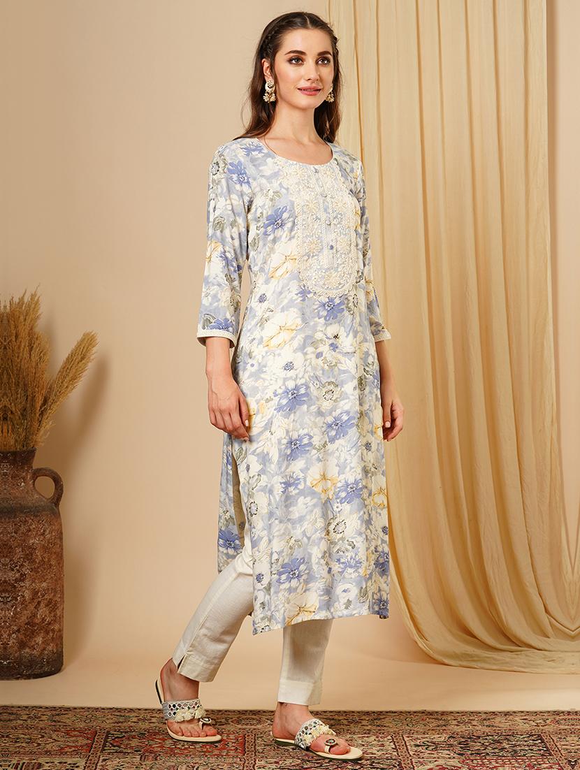 women's blue lace & sequin yoke gold foil floral print a-line workwear kurta - 21511047 -  Standard Image - 1