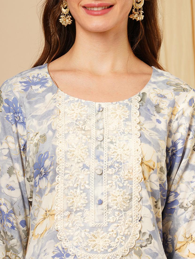 women's blue lace & sequin yoke gold foil floral print a-line workwear kurta - 21511047 - Standard Image - 4