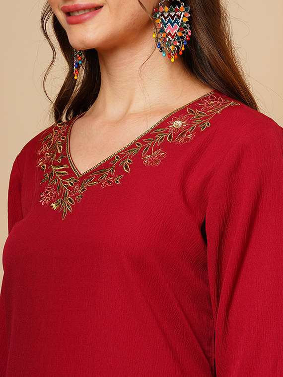 women's rust floral embroidered v-neck a-line workwear kurta - 21511048 -  Standard Image - 4