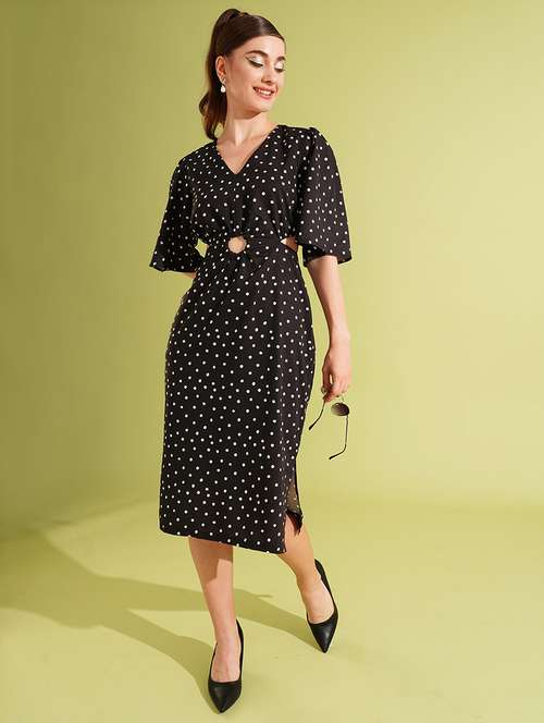 women's black v-neck polka dots cut-out side slit a-line party dress - 21511050 - Standard Image - 0