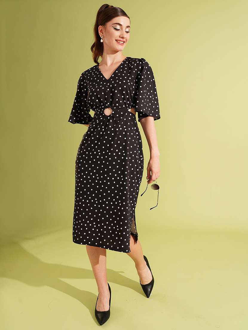 women's black v-neck polka dots cut-out side slit a-line party dress - 21511050 - Zoom Image - 0