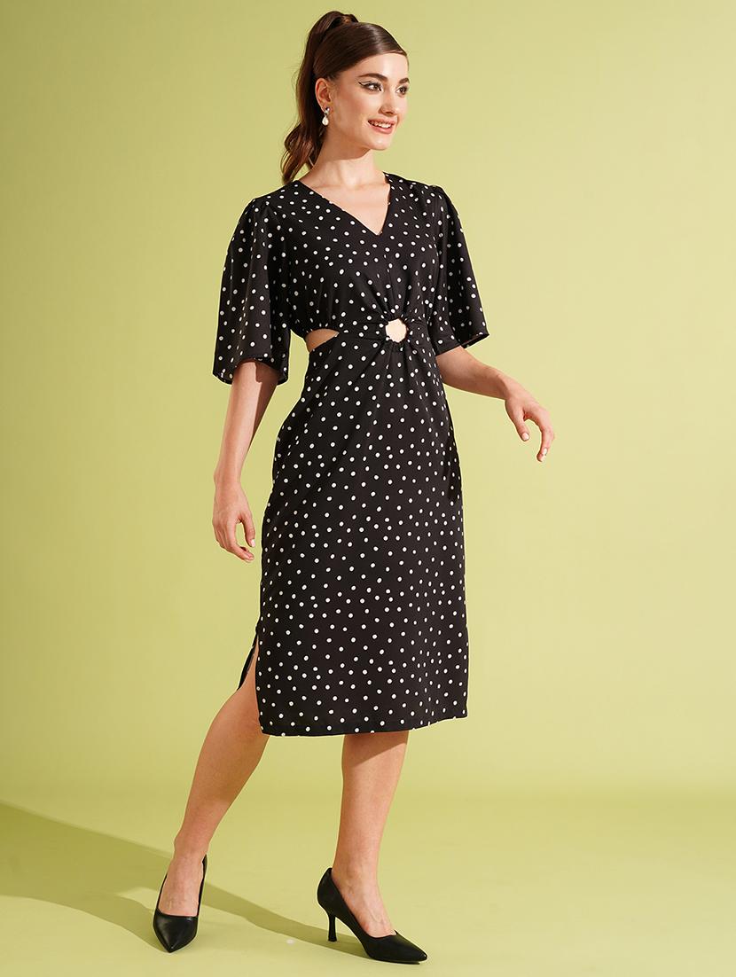 women's black v-neck polka dots cut-out side slit a-line party dress - 21511050 - Standard Image - 1