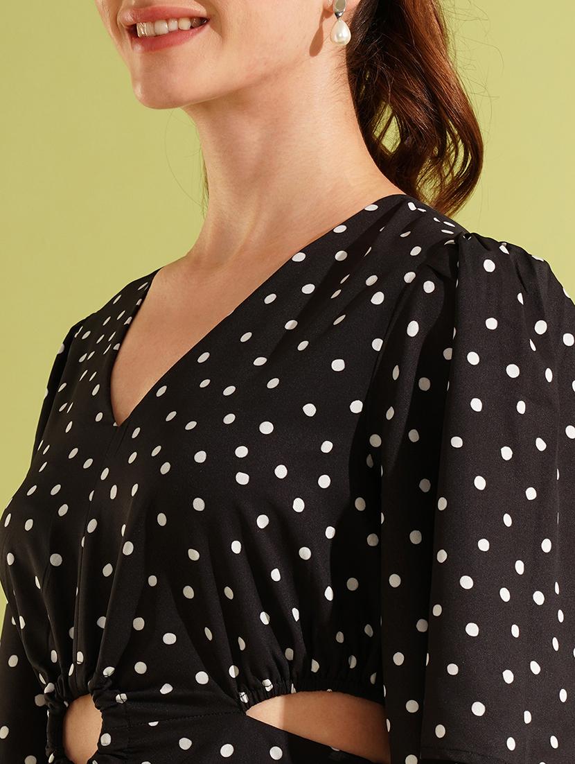 women's black v-neck polka dots cut-out side slit a-line party dress - 21511050 - Standard Image - 4
