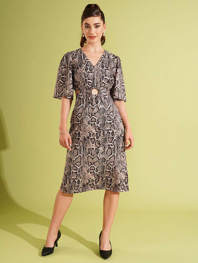 globus women multi-colour v-neck animal print cut-out side slit a-line party dress - 21511051 -  Standard Image - 1