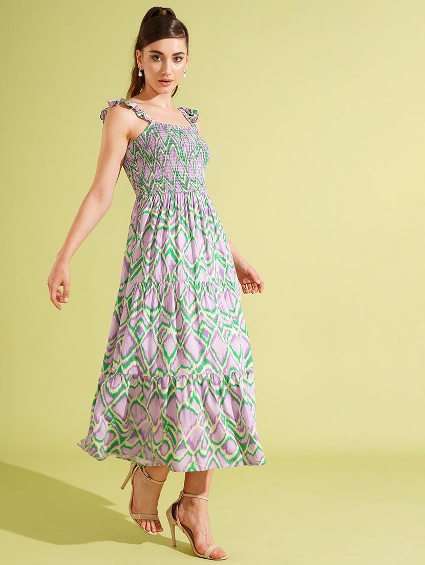 globus women multi-colour abstract print square neck strappy sleeves smocked tiered fit & flare midi dress - 21511052 -  Standard Image - 1