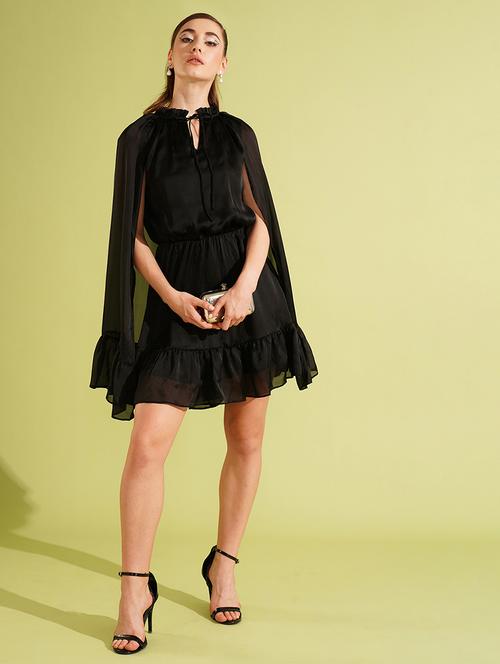 globus women black tie-up frills neck cape sleeves flared hem fit & flare mini party dress - 21511055 - Standard Image - 0