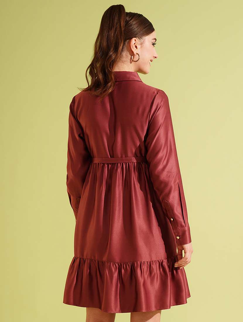 globus women dusty pink collared front opening cuffed sleeves fit & flared shirt style party dress - 21511057 -  Standard Image - 1