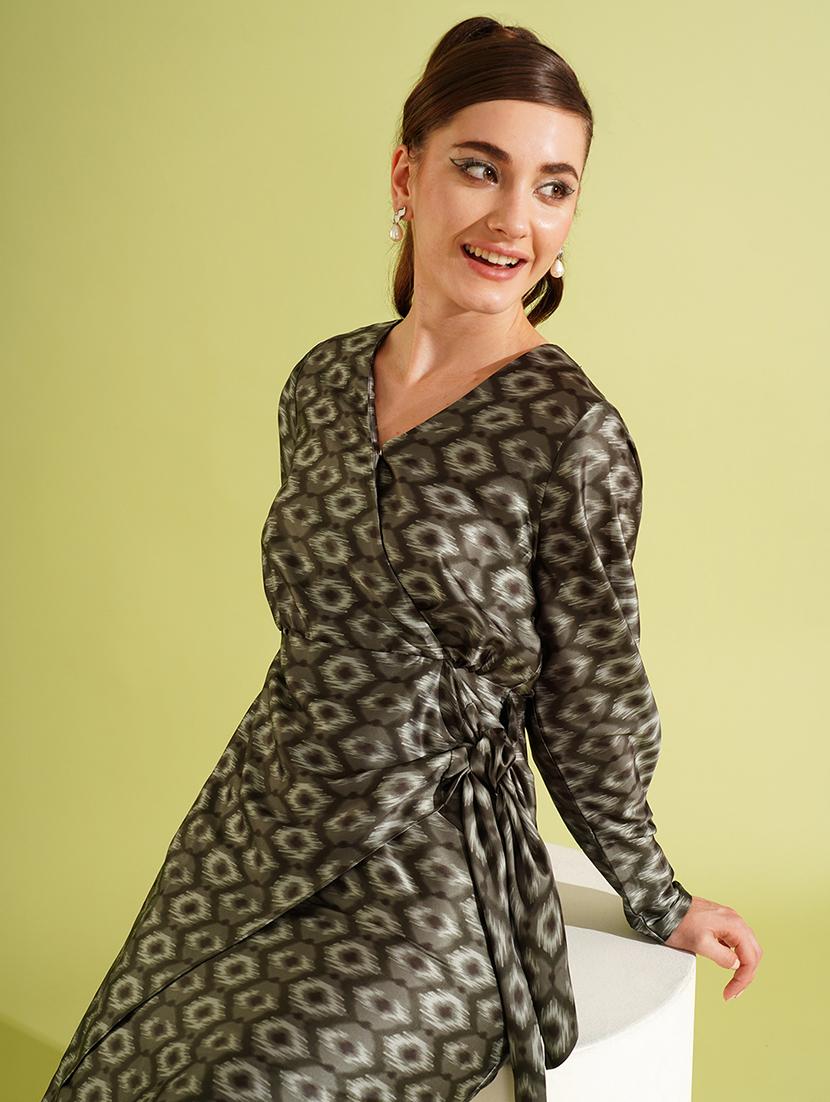 globus women green abstract print v-neck cuffed sleeves wrap tie-up mini party dress - 21511058 - Standard Image - 1