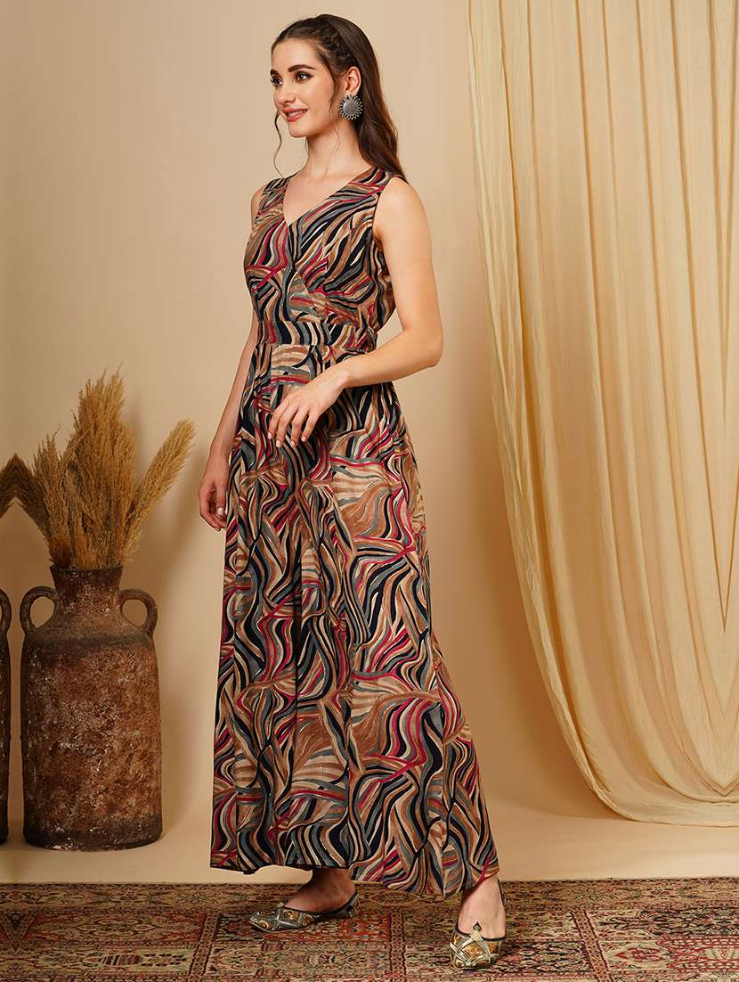 women's multi colour abstract print wrap v-neck waist tie up flared hem fusion jumpsuit - 21511061 -  Standard Image - 1