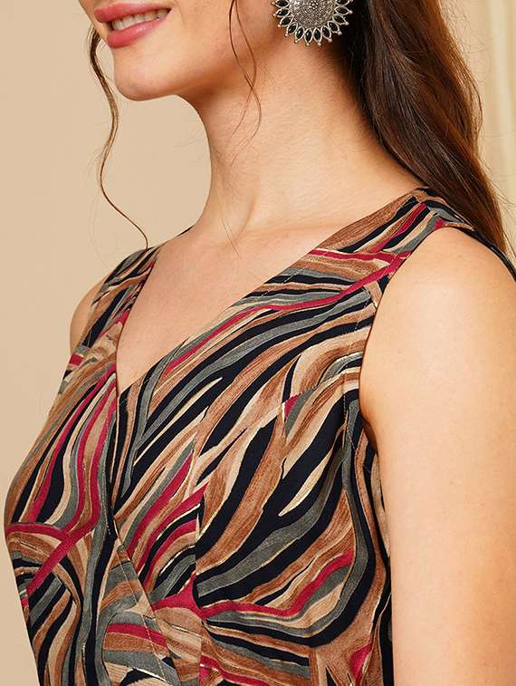 women's multi colour abstract print wrap v-neck waist tie up flared hem fusion jumpsuit - 21511061 -  Standard Image - 4