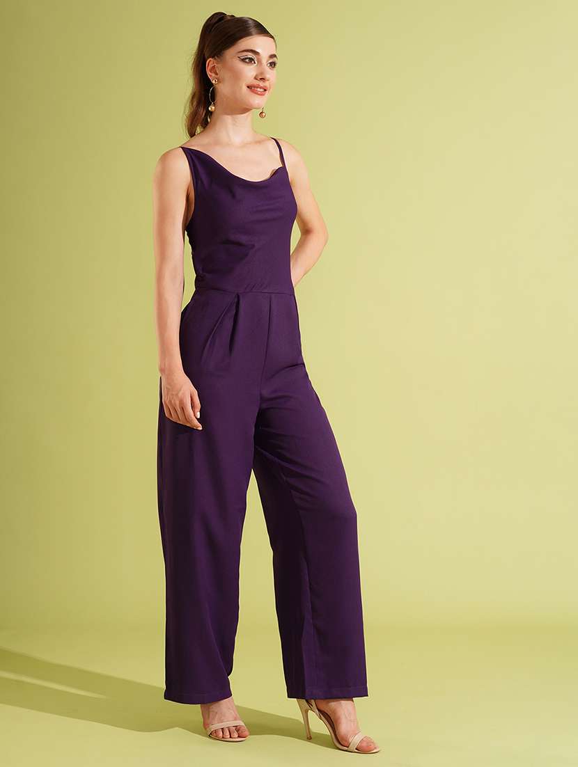 women's purple cowl neck strappy shoulder stylised back long wide leg party jumpsuit - 21511064 -  Standard Image - 1