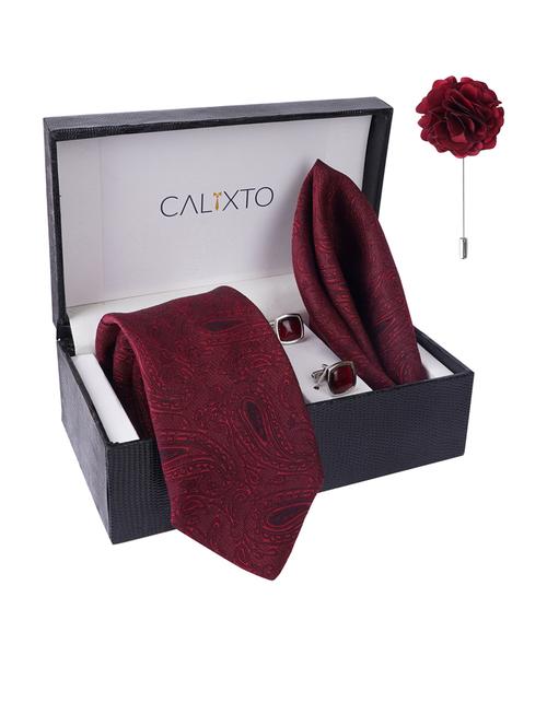 men maroon cotton blend tie set - 21511135 - Standard Image - 0