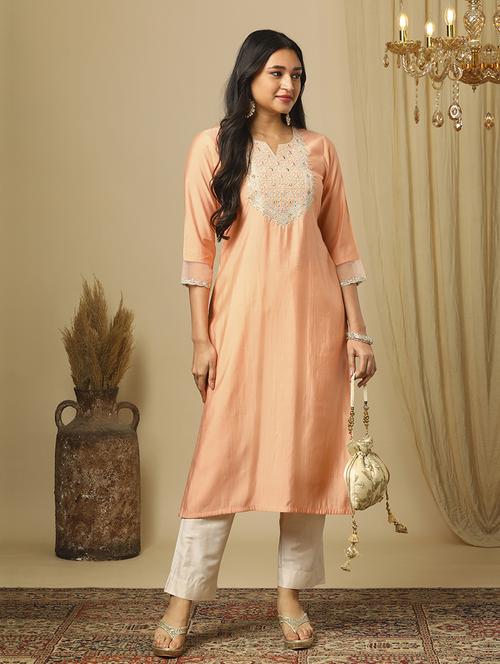 women's pink zari embroidered yoke round neck straight calf length ethnic kurta - 21511682 - Standard Image - 0